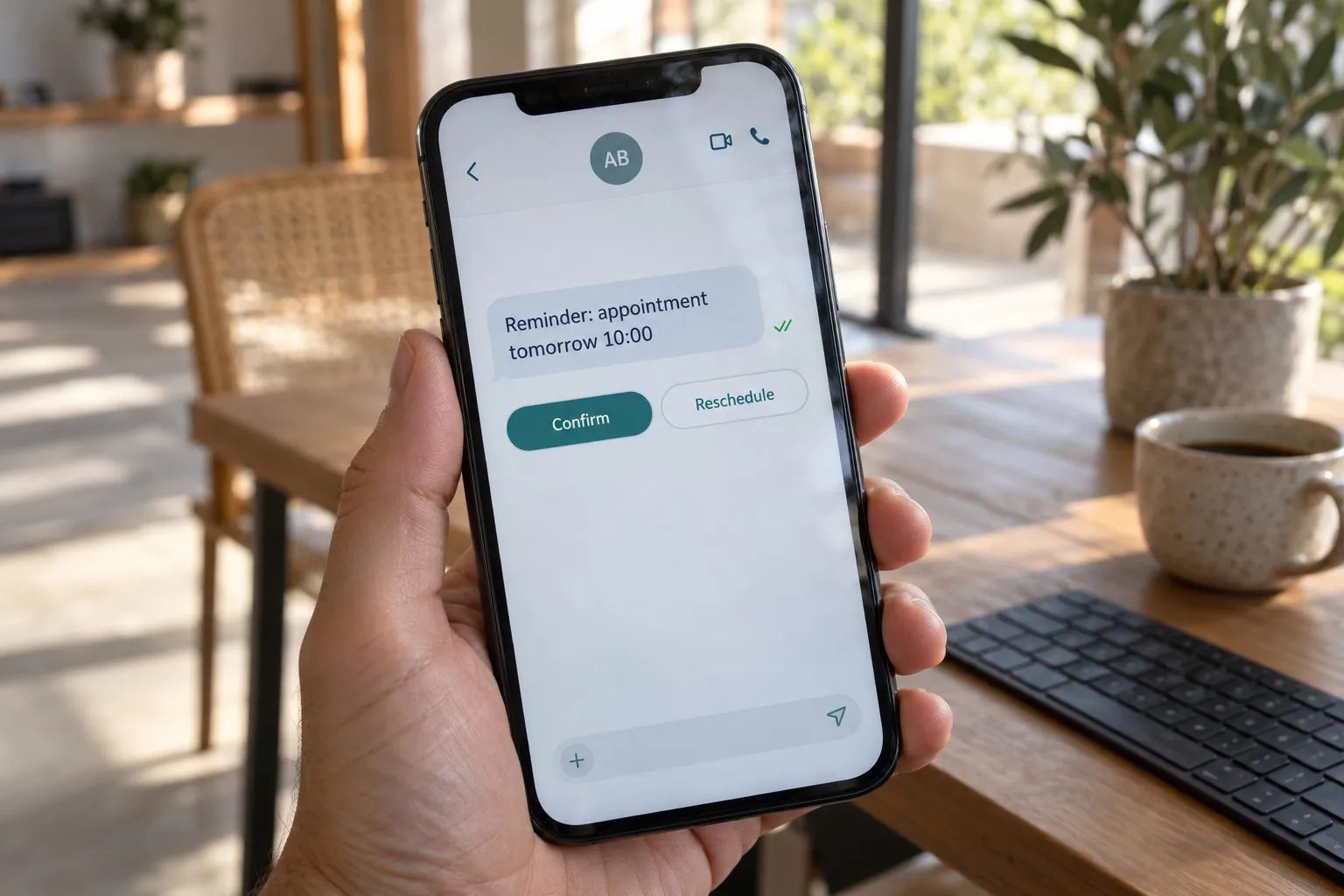 Smartphone zeigt eine automatische Terminerinnerung mit Antwortknöpfen zum Bestätigen und Verschieben