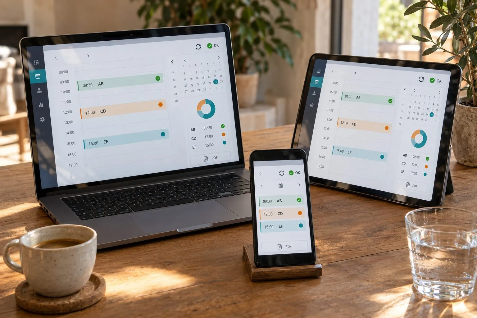 Laptop, Tablet und Handy zeigen denselben abgeglichenen Terminkalender mit Aufträgen