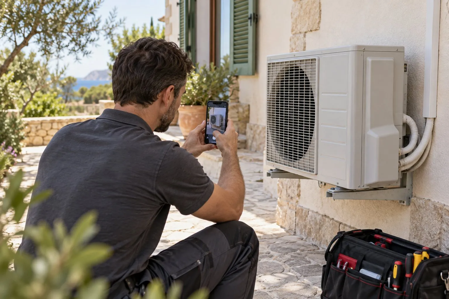 Techniker fotografiert an einer Hauswand die Anlage mit dem Handy für das Serviceprotokoll