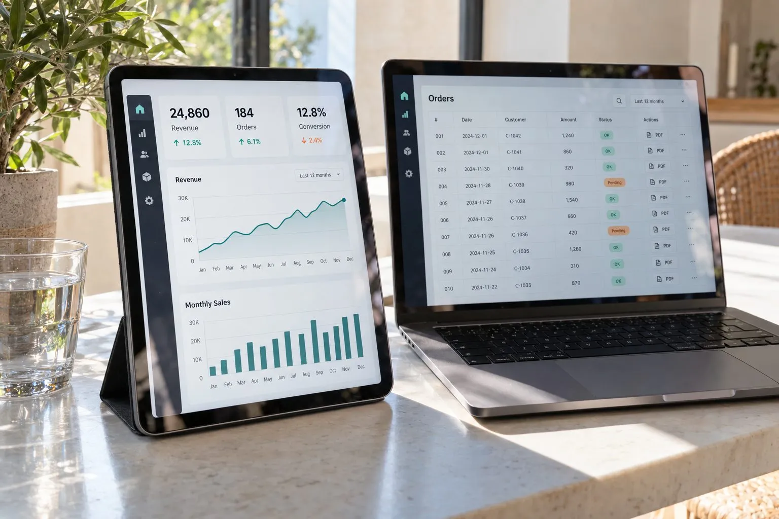 Auswertungen in Echtzeit auf dem Tablet: Umsatzkurve, Monatsbalken und Kennzahlen aus der eigenen Software
