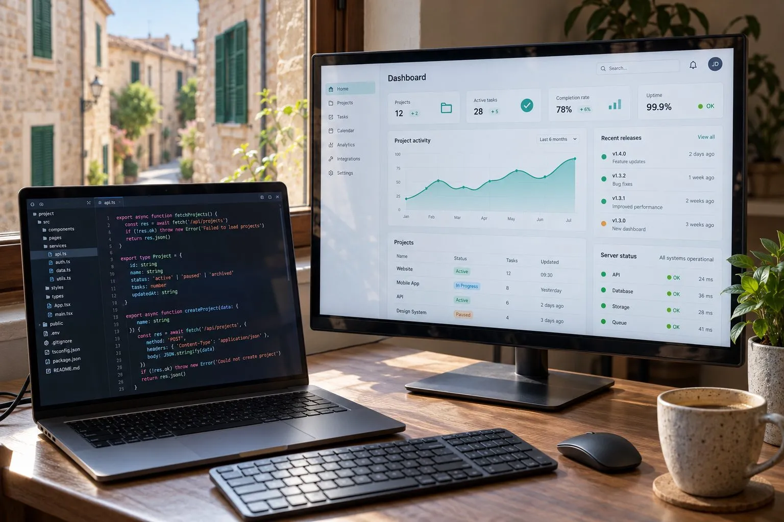 Weiterentwicklung einer individuellen Software: Code-Editor am Laptop, laufende Anwendung und Serverstatus am Monitor
