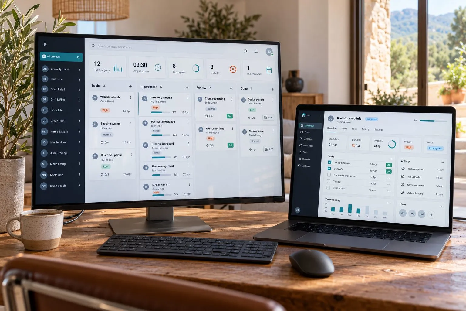 Individuelle Unternehmenssoftware: Projektübersicht mit Auftragskarten und Kundenliste auf Monitor und Laptop