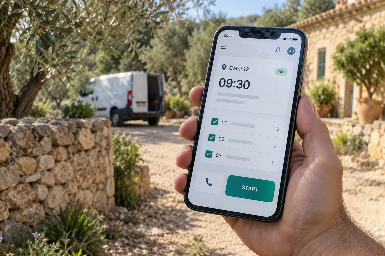 Hand hält ein Smartphone mit dem Auftrag der Firmensoftware vor einer Finca auf Mallorca, mit Checkliste und Startknopf