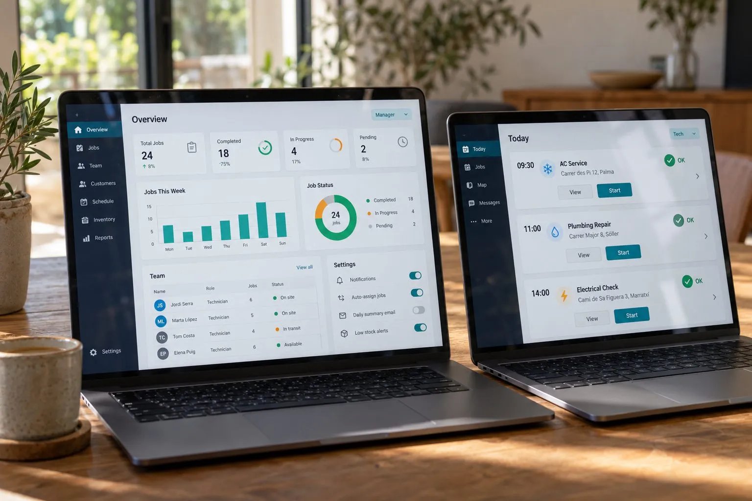 Dieselbe Software auf zwei Laptops: links die Ansicht der Leitung, rechts die vereinfachte Ansicht für Techniker