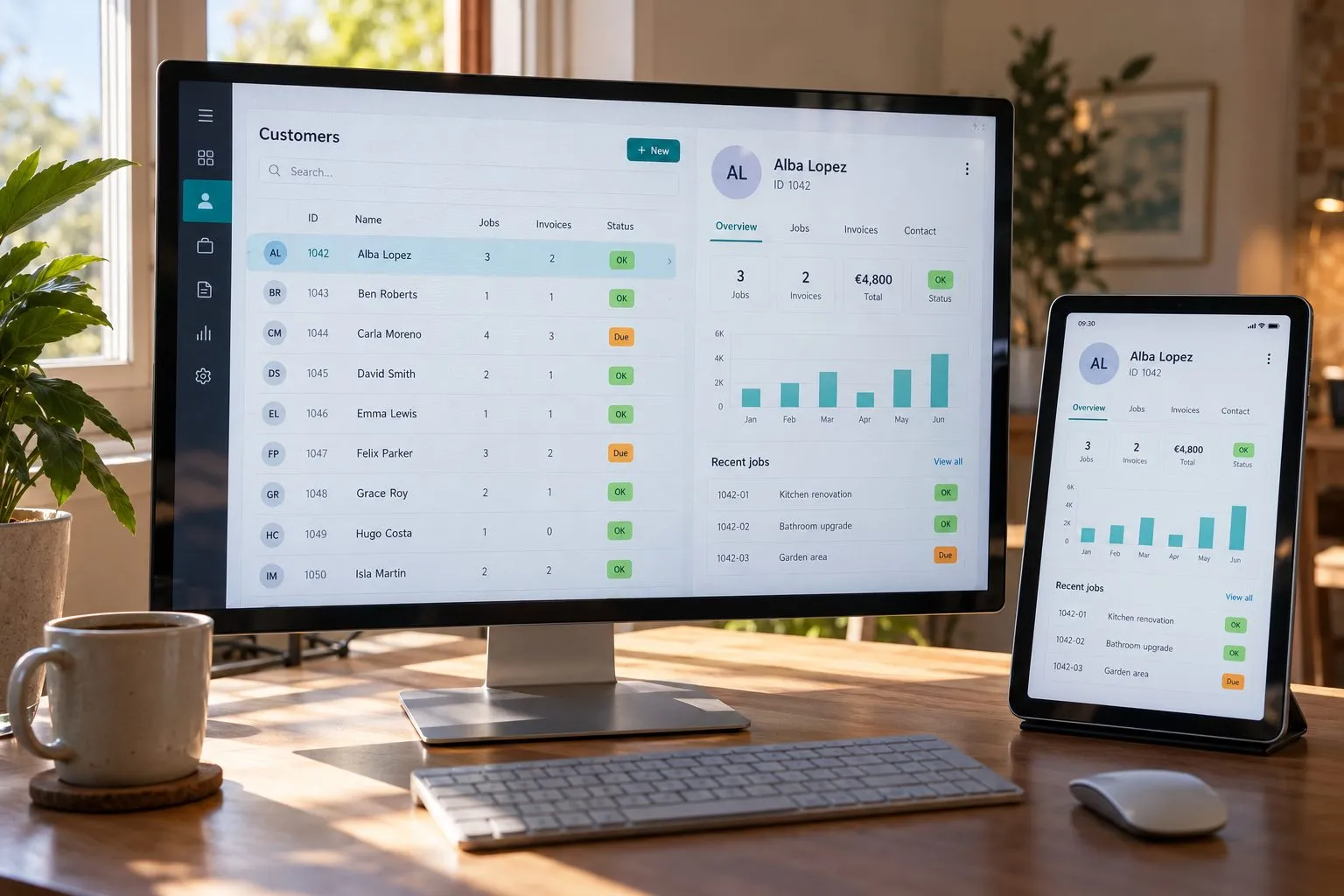 Gemeinsame Kunden- und Auftragsliste einer Unternehmenssoftware auf Monitor und Tablet