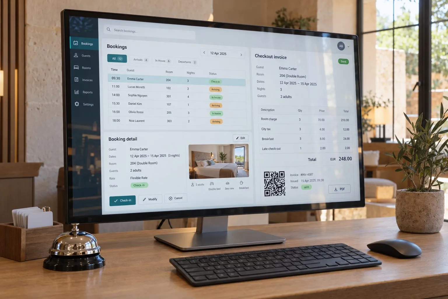 Hotelrezeption auf Mallorca: Die Rechnung mit QR-Code entsteht beim Check-out automatisch aus der Buchung