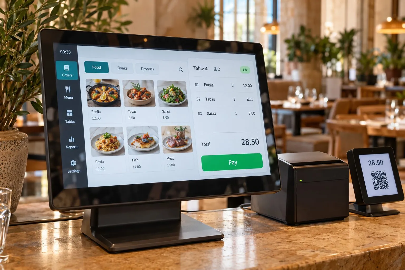 Kassenbildschirm eines Restaurants in Palma mit Bestellung, daneben der Bondrucker mit QR-Code auf dem Bon