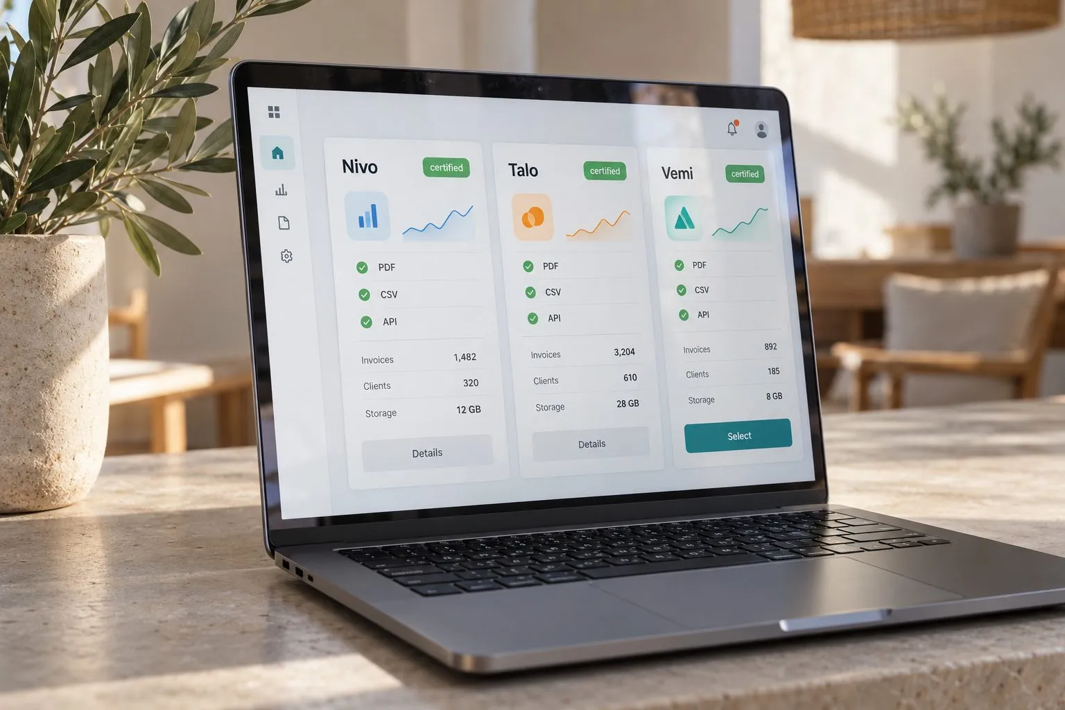 Vergleich dreier zertifizierter Rechnungsprogramme für Verifactu als Karten am Laptop