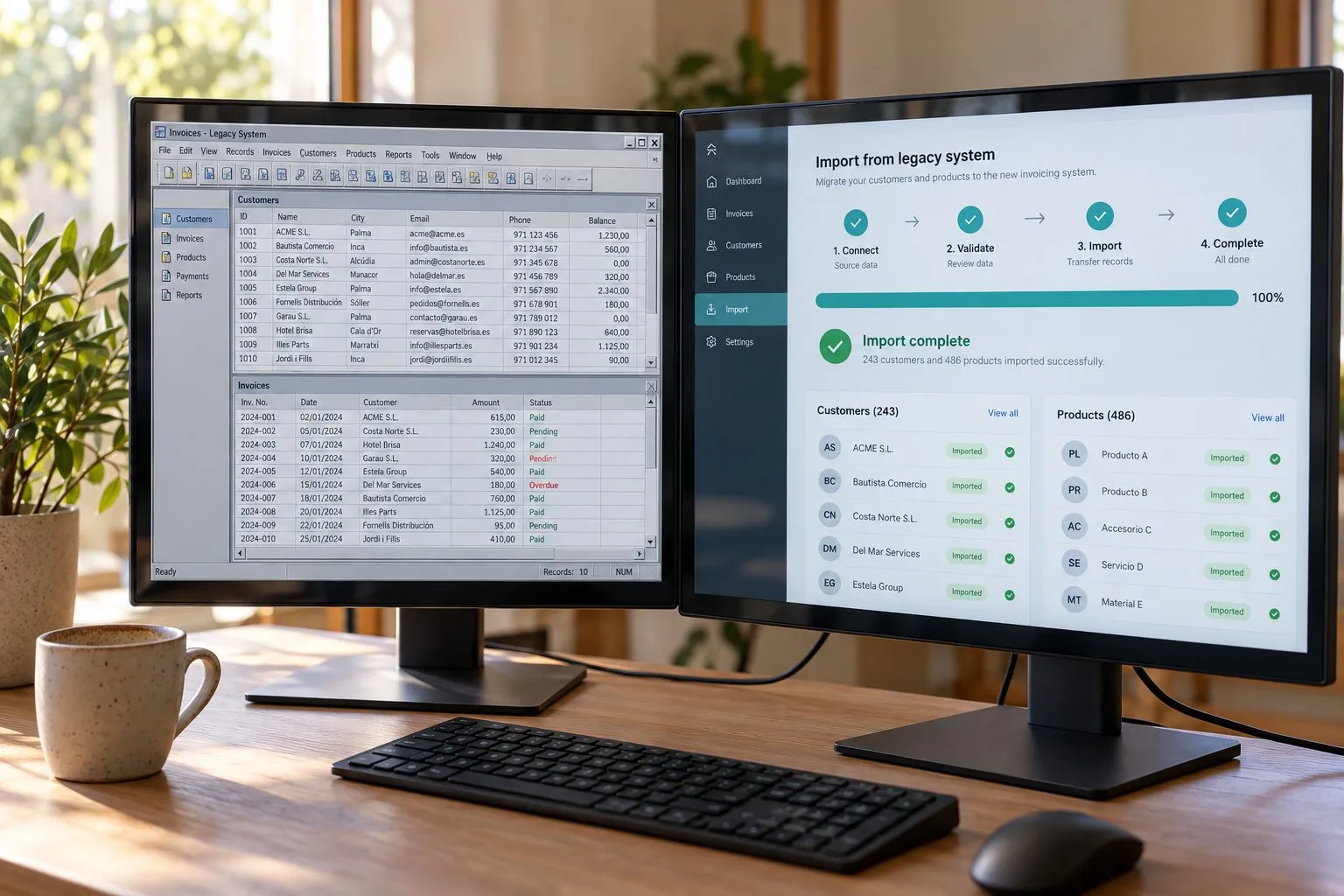 Wechsel der Rechnungssoftware: altes Programm links, neues rechts mit Kunden- und Artikelimport zu 100 Prozent