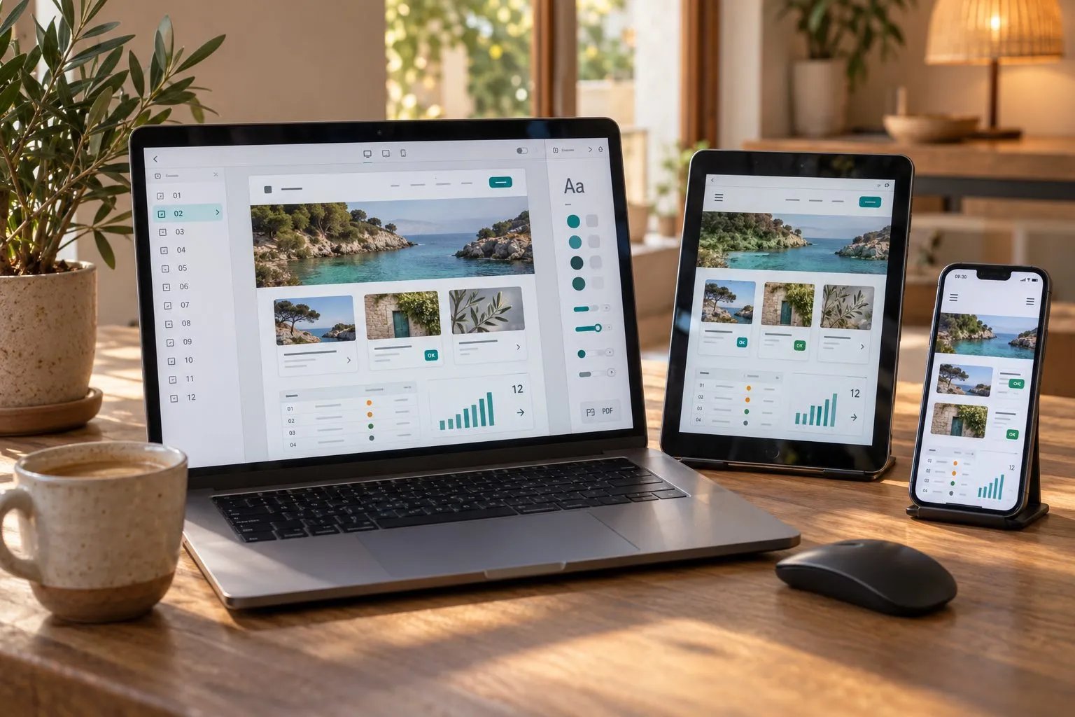 Web-Editor mit Seitenlayout, Farbpalette und Schriftmuster am Laptop, daneben die Mobilansicht auf Tablet und Handy