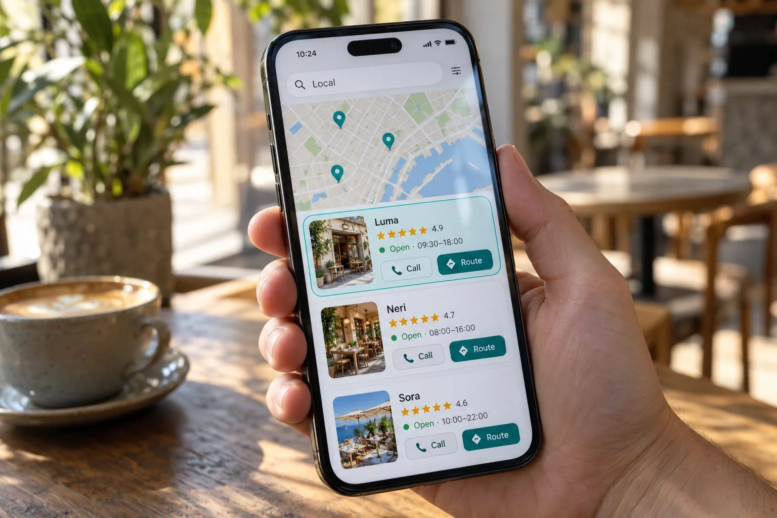 Smartphone zeigt lokale Suchergebnisse mit Karte und der Firma an erster Stelle mit Sternebewertung und Anrufen-Knopf