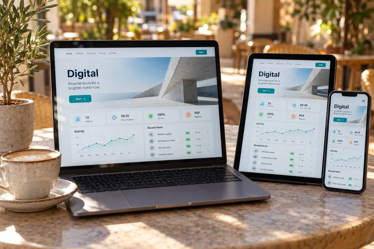 Dieselbe Firmenwebsite responsiv auf Laptop, Tablet und Smartphone auf einem Café-Tisch auf Mallorca
